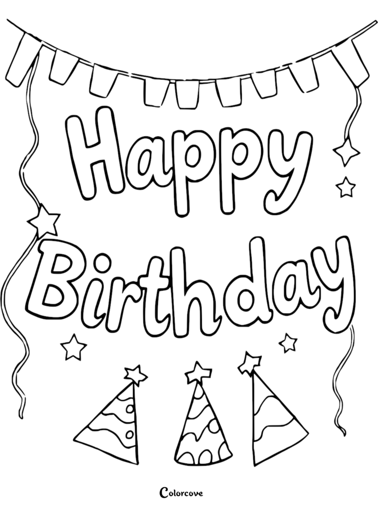 Happy Birthday coloring page featuring festive bunting, stars, and three party hats.