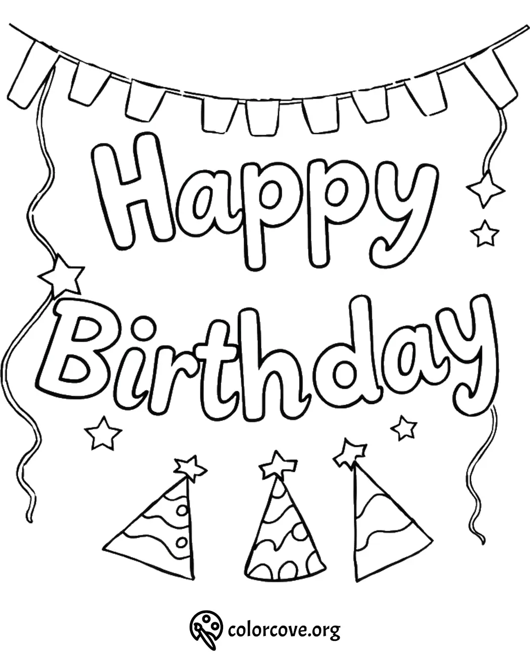 Happy Birthday coloring page with festive banners, stars, and party hats for kids. Perfect for birthday activity fun.