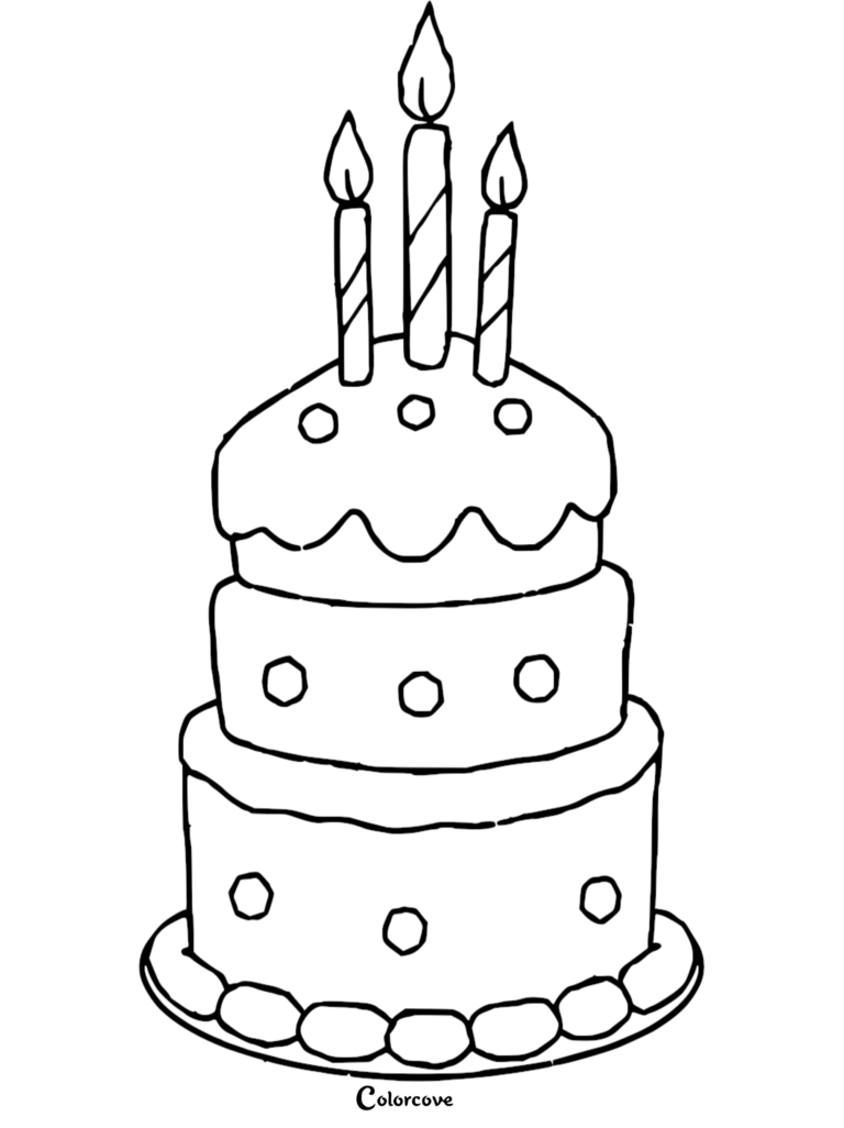 A three-tiered birthday cake with three lit candles on top, presented as a free printable coloring page.