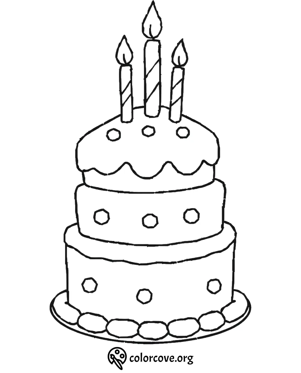 Birthday cake coloring page with three candles. Perfect for kids' party coloring activities.