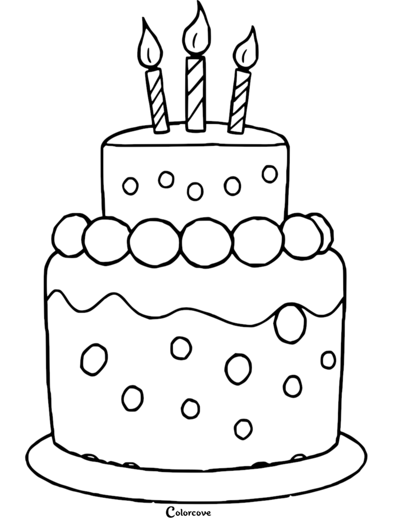 A two-tiered birthday cake with polka dots and three lit candles on top, presented as a free printable coloring page.