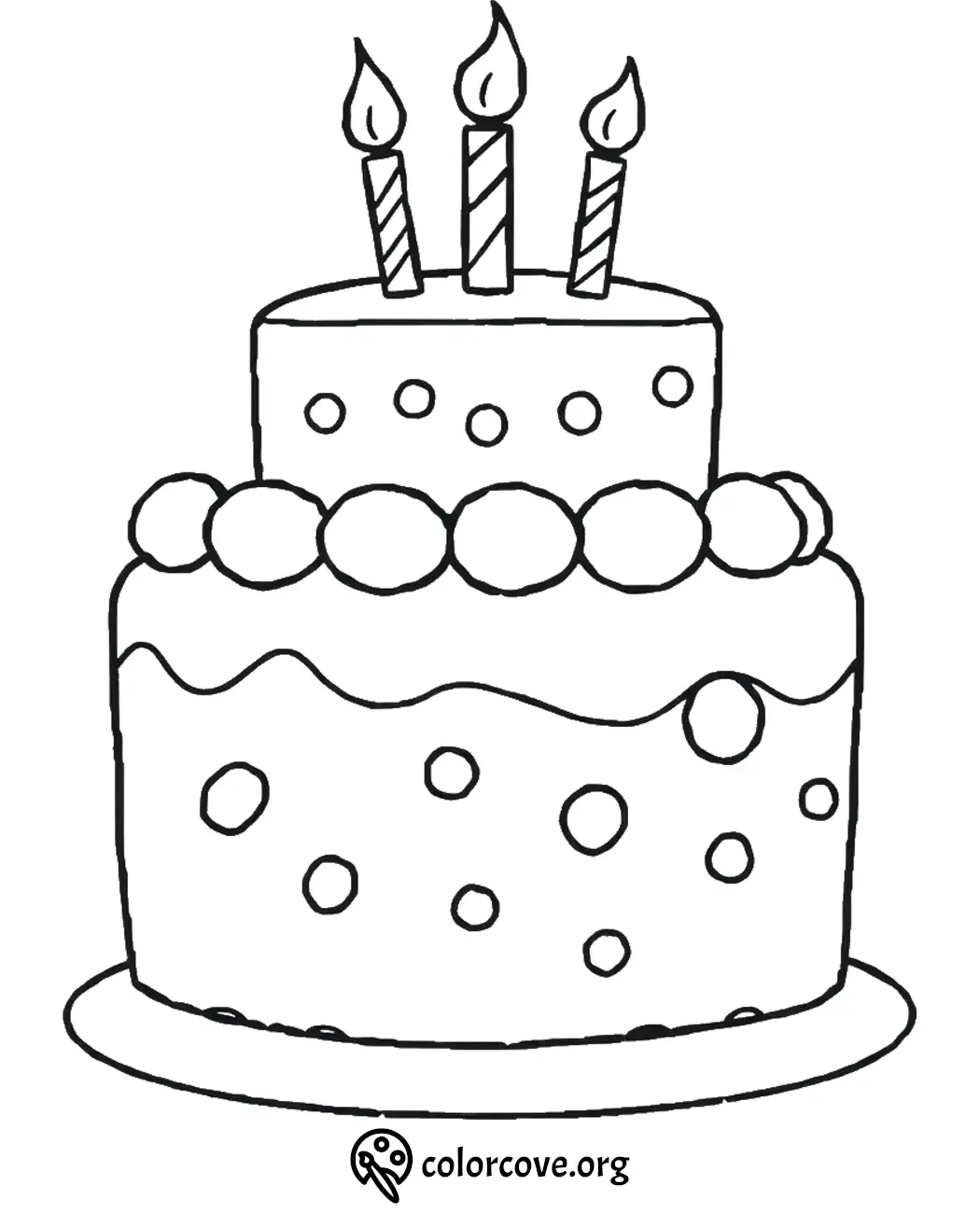 Coloring page: two-tier birthday cake with three candles, polka dots, and decorative icing.