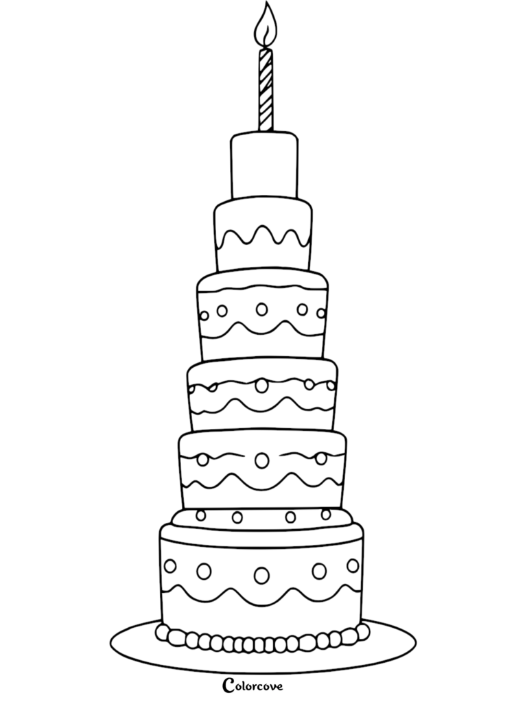 A tall six-tier birthday cake coloring page with a single lit candle on top and decorative icing patterns.