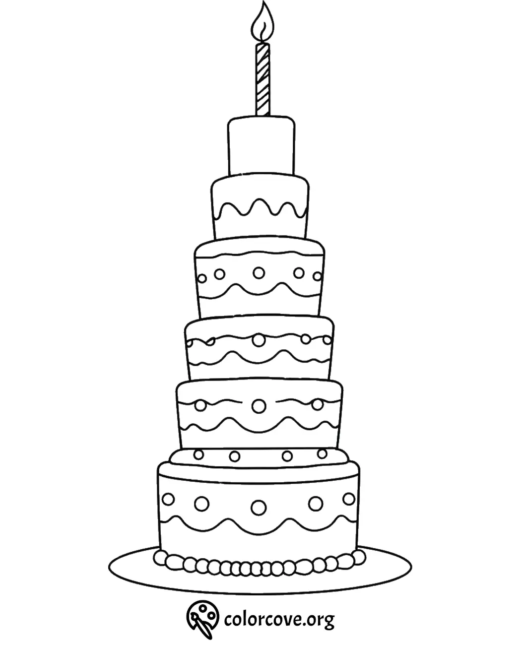 Five-tier cake coloring page with candle, decorative patterns, and icing design. Perfect for kids' birthday activities.