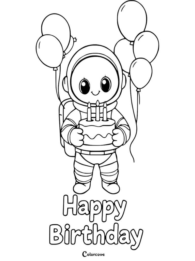 Cute astronaut holding a birthday cake with candles and balloons, printable coloring page.