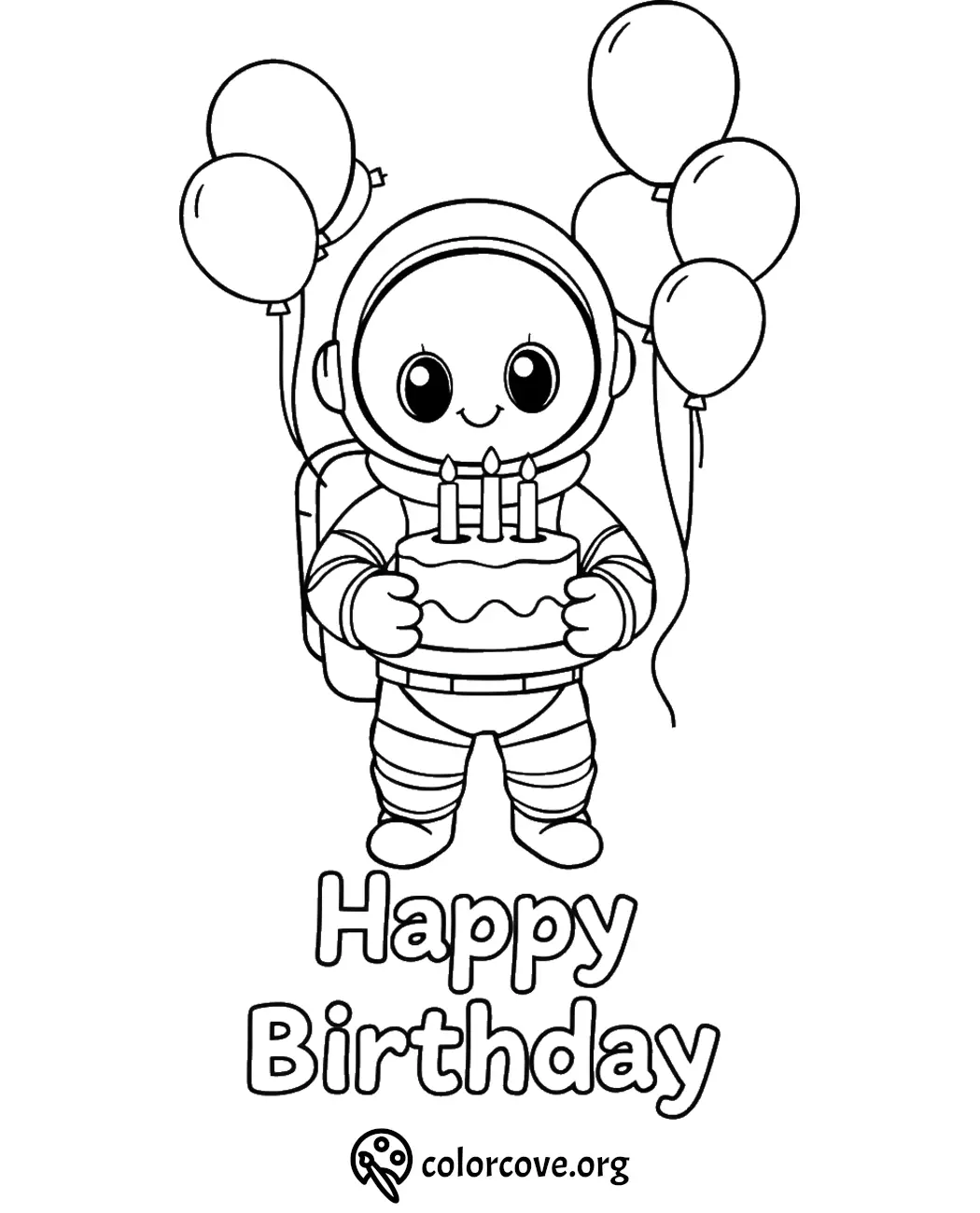 Astronaut holding birthday cake with balloons, Happy Birthday coloring page for kids - colorcove.org.