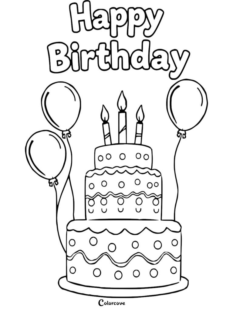 A three-tiered birthday cake with three lit candles and three balloons, featured in a printable coloring page.