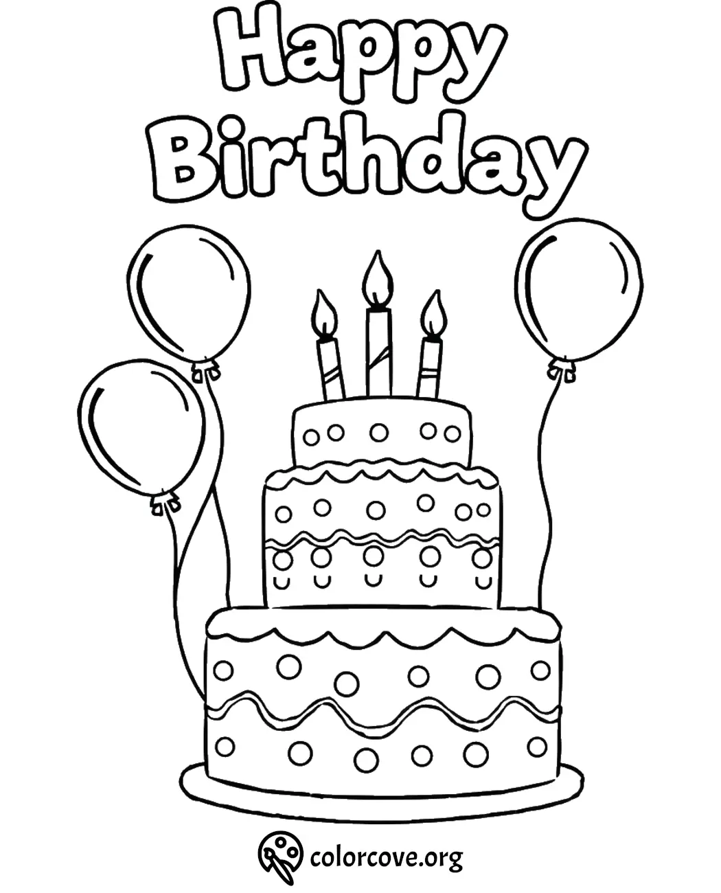 Happy Birthday coloring page with a cake, balloons, and candles. Perfect for kids' party activities.