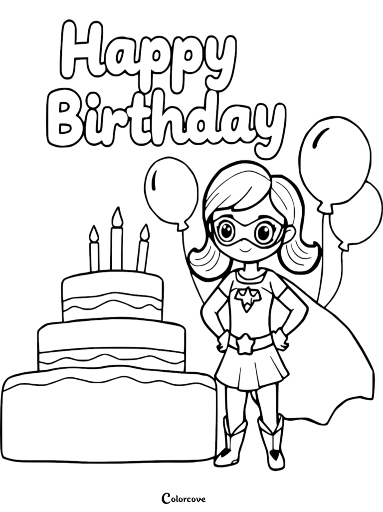 A superhero girl standing next to a three-tiered birthday cake with candles and balloons in this printable coloring page.