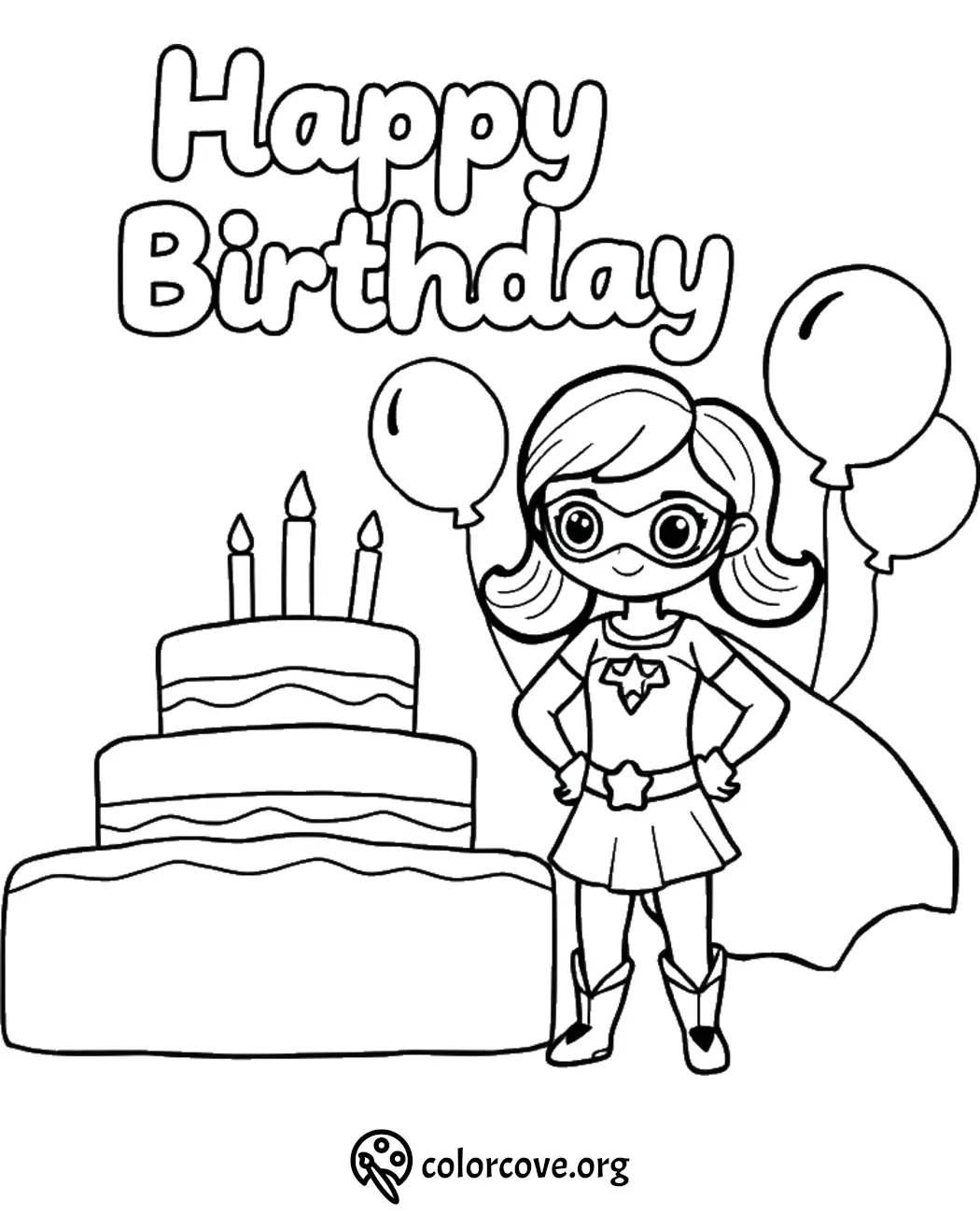 Superhero girl birthday coloring page with cake, balloons, and Happy Birthday text.