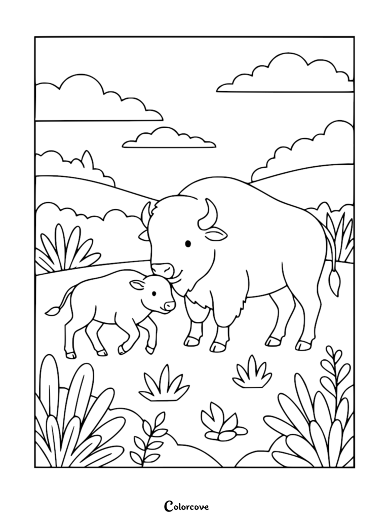 Un mignon bison adulte cajolant son jeune petit dans une prairie herbeuse sous un ciel nuageux, page de coloriage à imprimer pour les enfants.