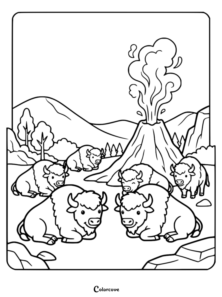 Une page de coloriage de dessin animé représentant un troupeau de cinq heureux bison se reposant dans un paysage de montagne avec un volcan en éruption en arrière-plan.
