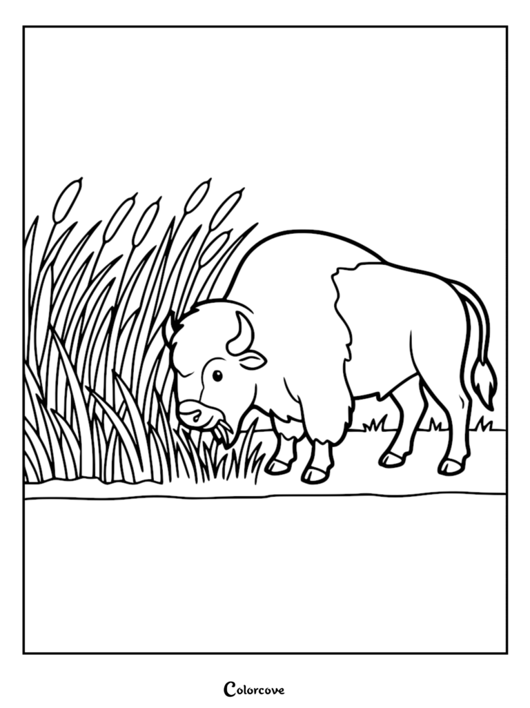 Une page de coloriage d'un bison de dessin animé broutant dans un champ de grandes quenouilles.