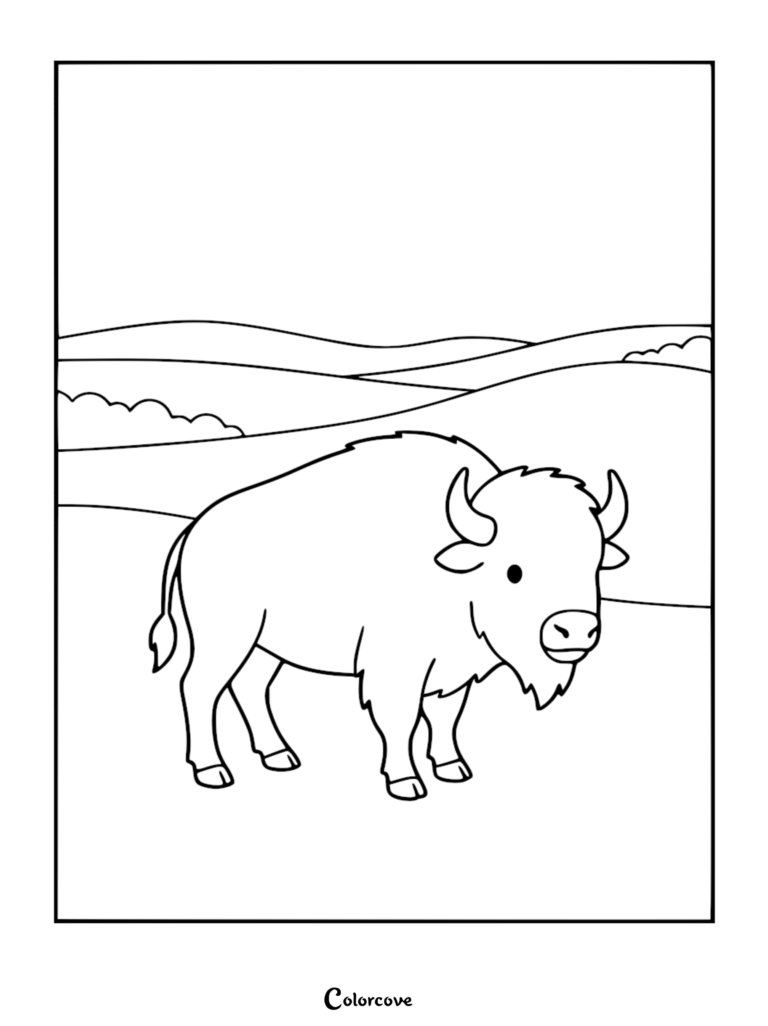Un bison de dessin animé amical debout dans un paysage de prairie vallonnée, présenté sur une page de coloriage à imprimer.