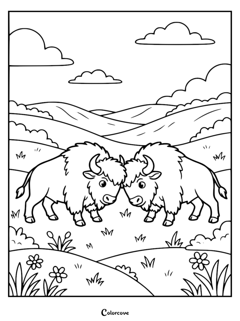 Une page de coloriage à imprimer représentant deux bison de dessin animé se touchant la tête de façon ludique dans une prairie verdoyante et vallonnée avec des fleurs et des nuages.