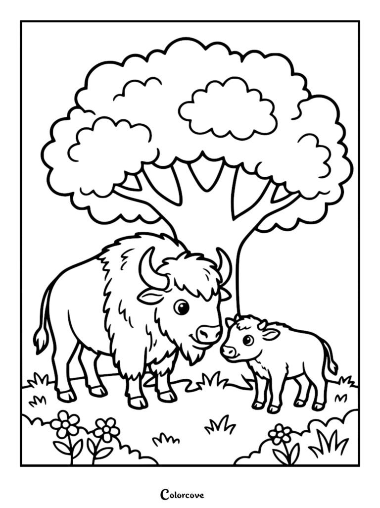 Une mère bison de dessin animé amicale debout à côté de son petit sous un arbre feuillu, page de coloriage simple au trait noir et blanc.