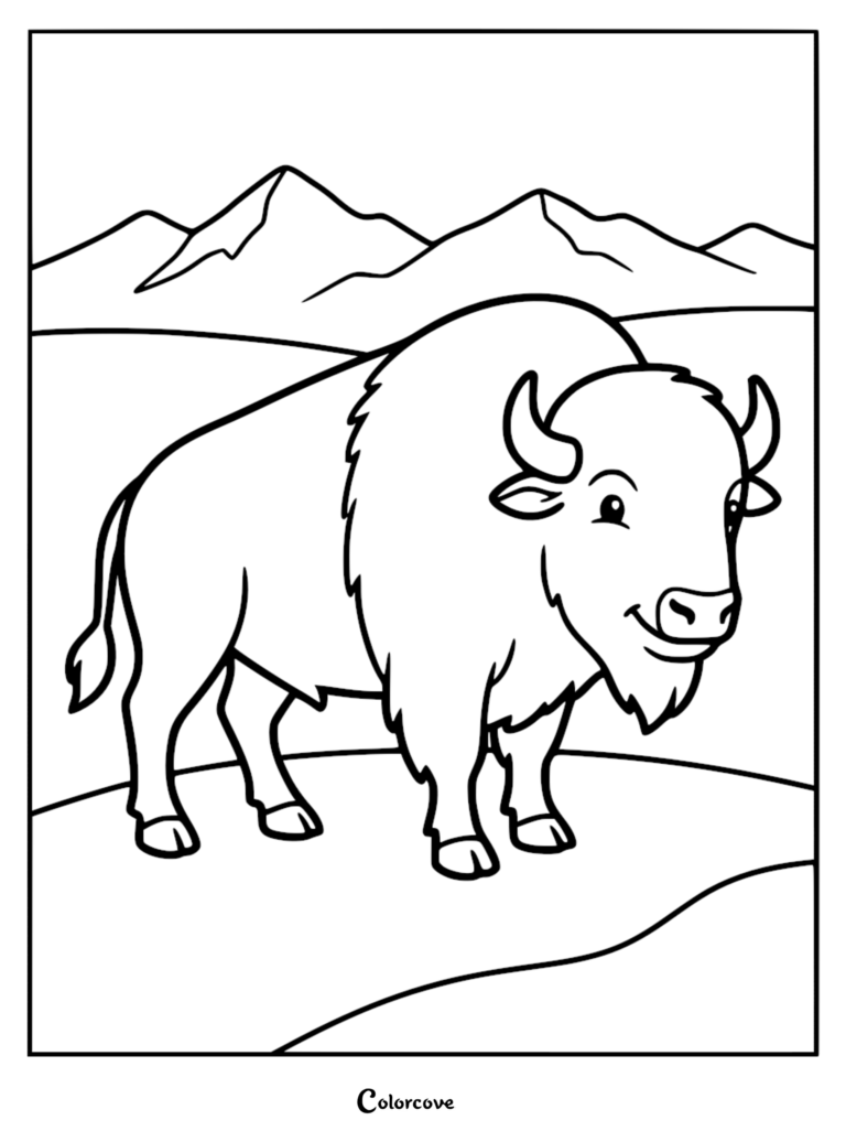Bison de dessin animé debout dans une prairie avec des sommets de montagnes en arrière-plan, style de page de coloriage au contour.