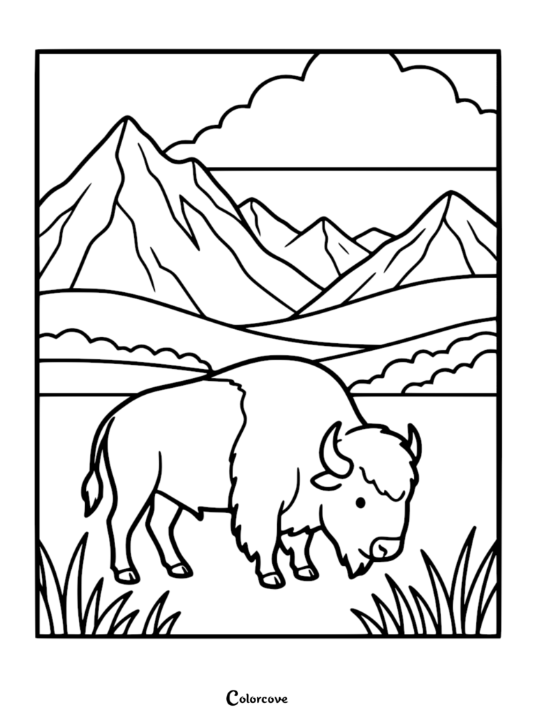 Un bison de dessin animé amical debout dans une prairie verdoyante avec des sommets de montagnes enneigés en arrière-plan, page de coloriage de style contour.