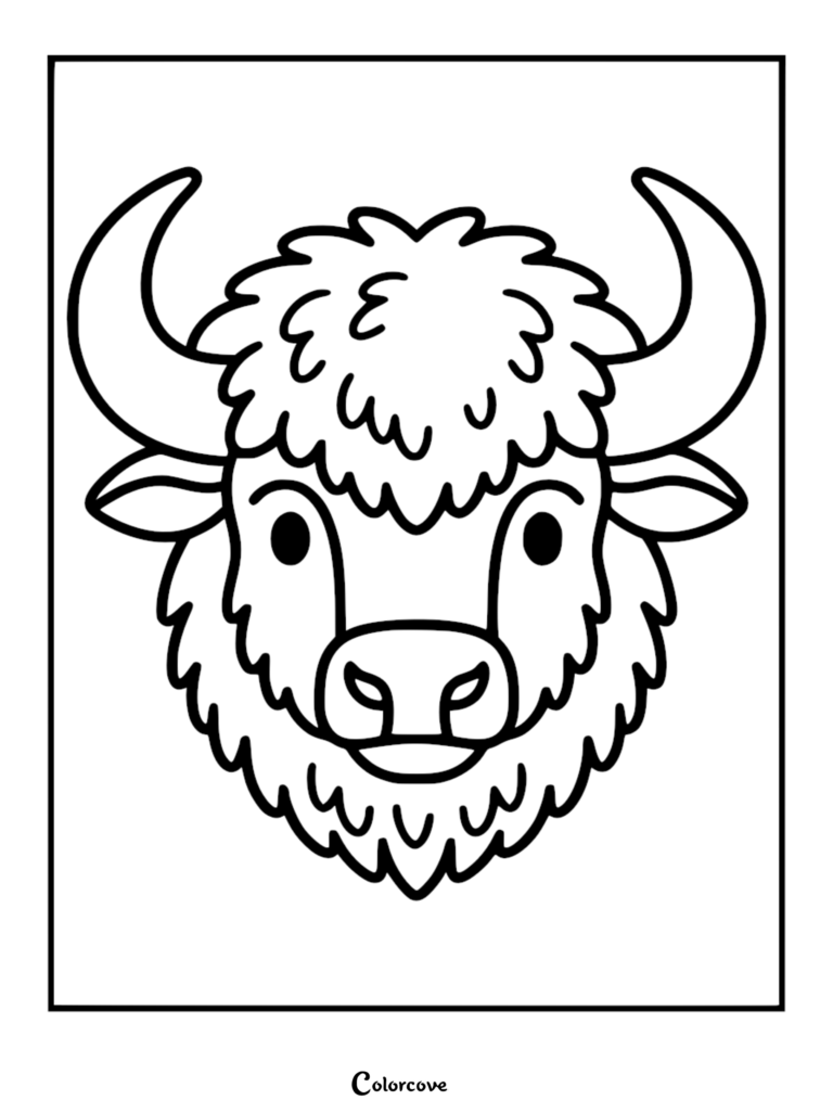 Une tête de bison amicale au dessin au trait simple, avec une fourrure duveteuse et des cornes recourbées, idéale comme page de coloriage à imprimer pour les enfants.