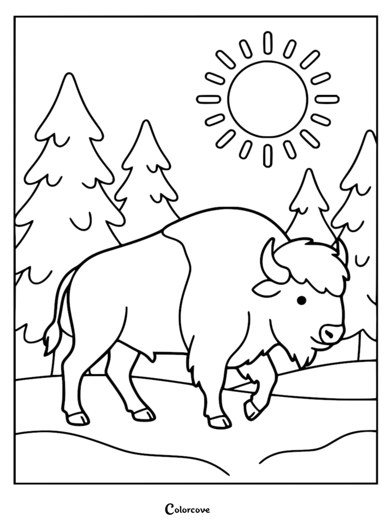 Un bison de dessin animé marchant à travers une forêt de pins sous un soleil radieux sur cette page de coloriage à imprimer.