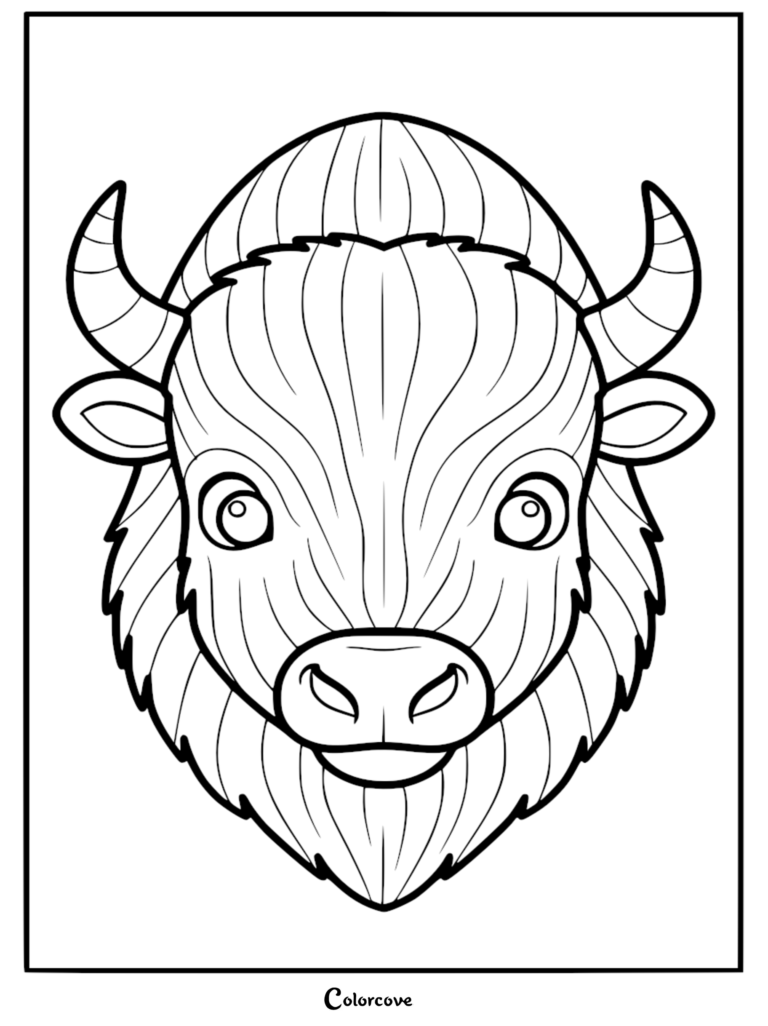 Une page de coloriage au trait représentant un portrait de tête de bison amical de style dessin animé, avec des contours épais et propres ainsi que des yeux expressifs.