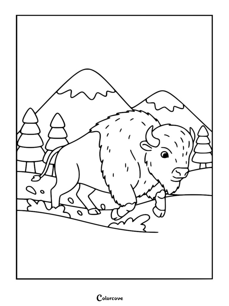 Page de coloriage d'un bison de dessin animé courant à travers une prairie devant des montagnes aux sommets enneigés et des pins.