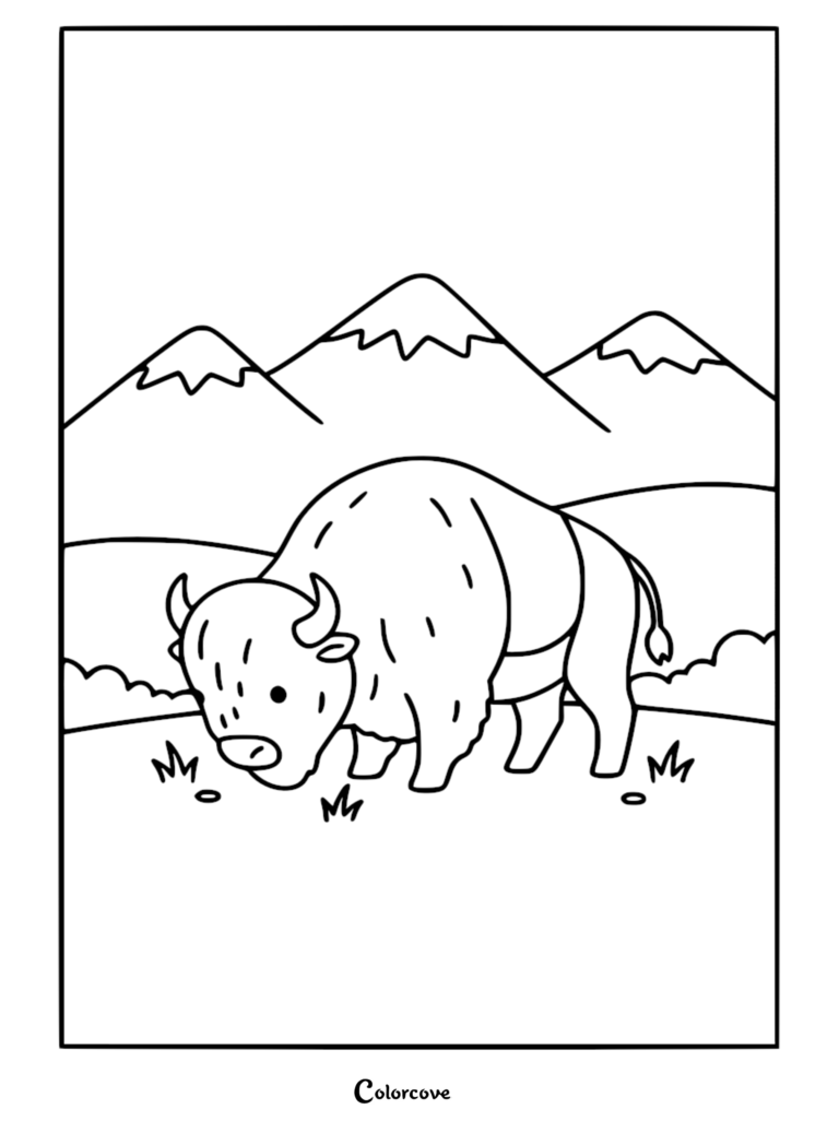 Une page de coloriage simple en noir et blanc représentant un mignon bison de style chibi broutant dans un champ herbeux avec des montagnes enneigées en arrière-plan.
