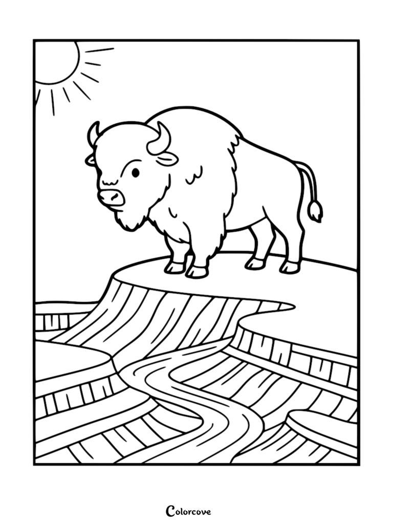 Un bison de dessin animé amical debout au bord d'une falaise de canyon aux纹 stripes sous un soleil brillant sur cette page de coloriage à imprimer.