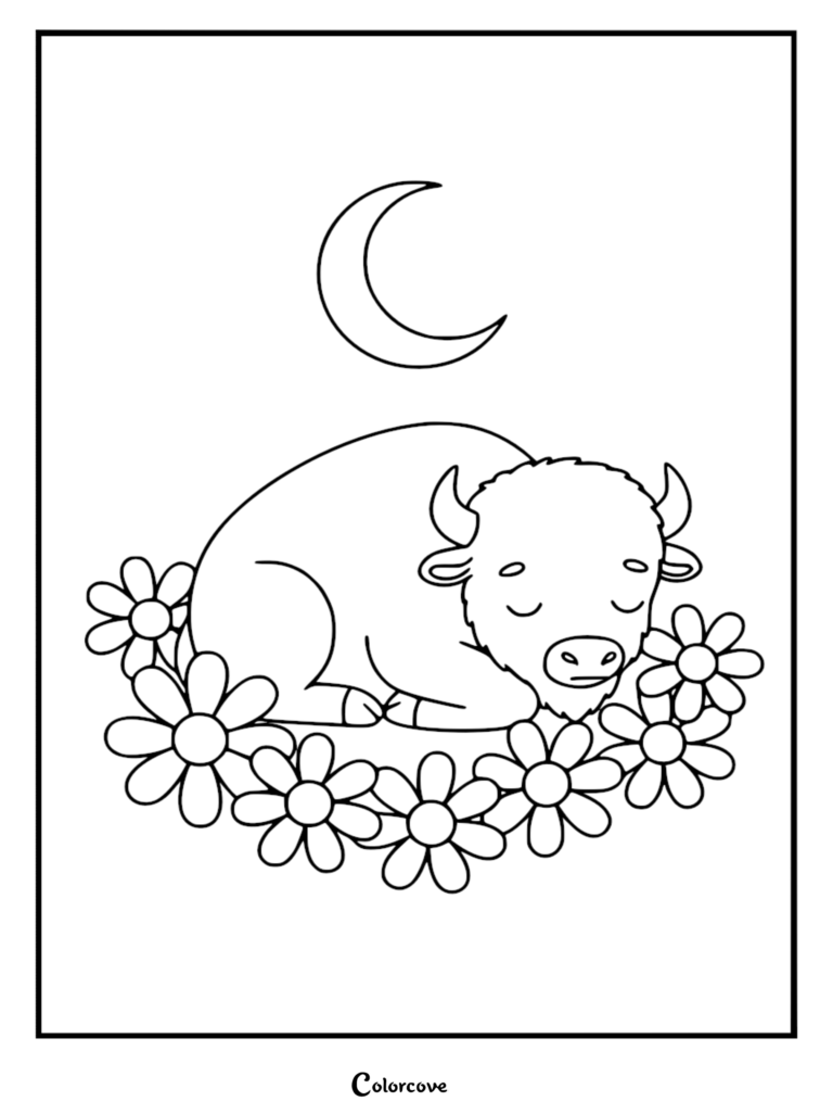 Un mignon bison de dessin animé dormant paisiblement dans un lit de marguerites sous un croissant de lune, page de coloriage au trait.