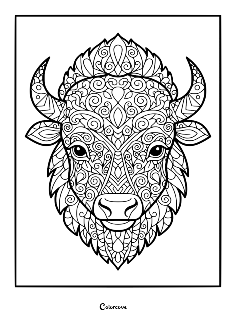 Page de coloriage représentant une tête de bison détaillée de style mandala avec des motifs complexes de spirales et géométriques.