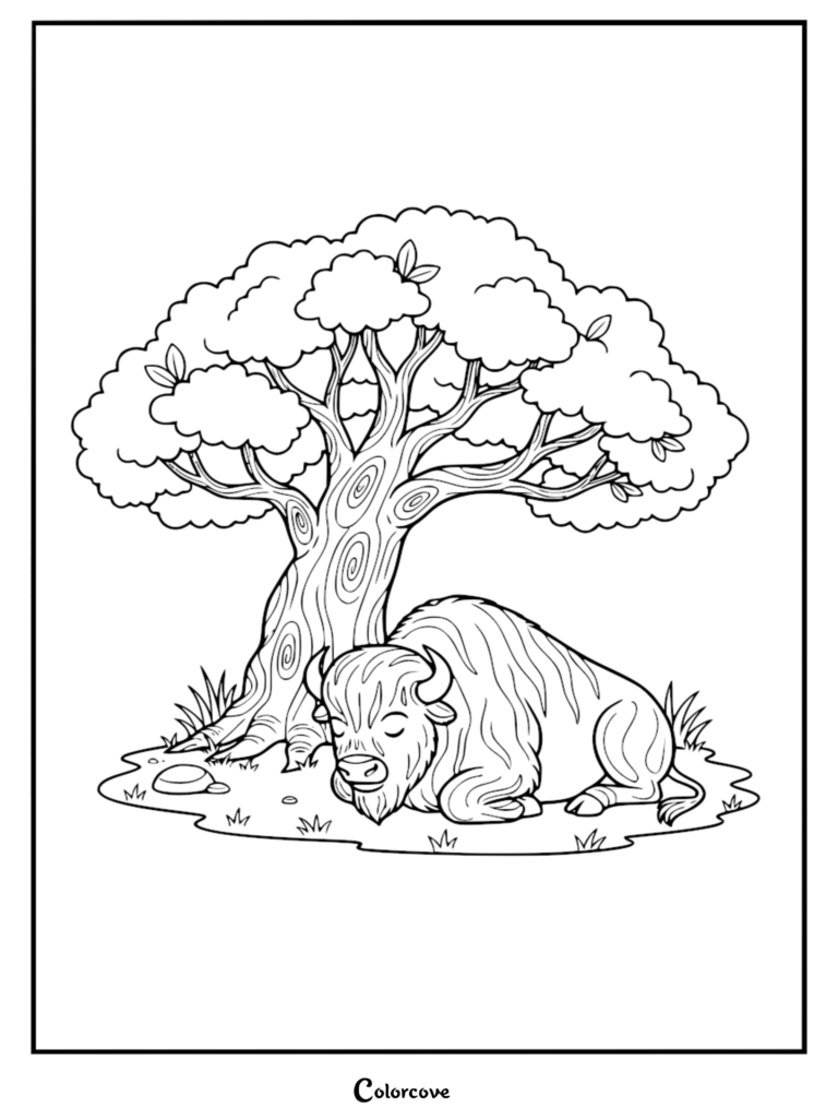 Une page de coloriage représentant un bison calme dormant sous un grand arbre feuillu dans une prairie paisible.