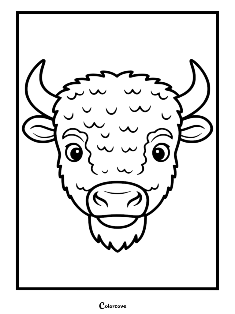 Une tête de bison de dessin animé amicale avec une épaisse fourrure bouclée et des cornes recourbées, page de coloriage en noir et blanc.
