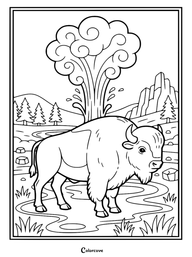 Un majestueux bison debout dans une flaque d'eau peu profonde près d'un geyser en éruption, entouré de pins et de falaises rocheuses, dans une page de coloriage au trait détaillée.