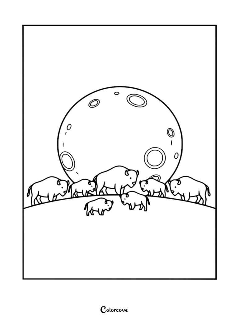 Une page de coloriage à imprimer représentant un troupeau de six silhouettes de bison debout sur une colline herbeuse devant une grande pleine lune cratérisée.