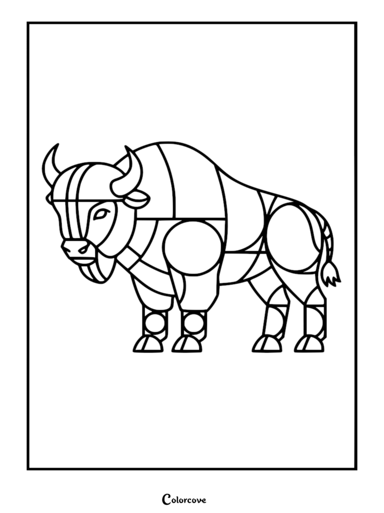 Un bison géométrique stylisé illustré sous forme de page de coloriage à imprimer avec des contours noirs épais et des parties du corps segmentées.