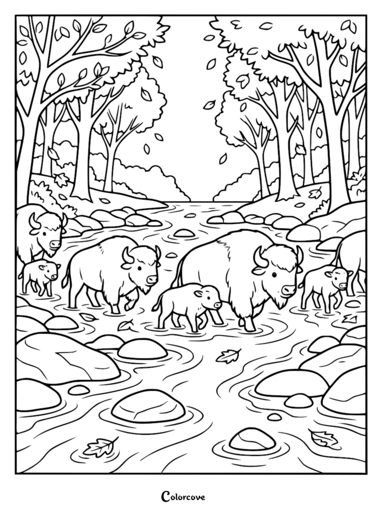 Une page de coloriage à imprimer représentant une famille de bison pataugeant dans une rivière peu profonde entourée d'arbres d'automne, de feuilles mortes et de rochers lisses.