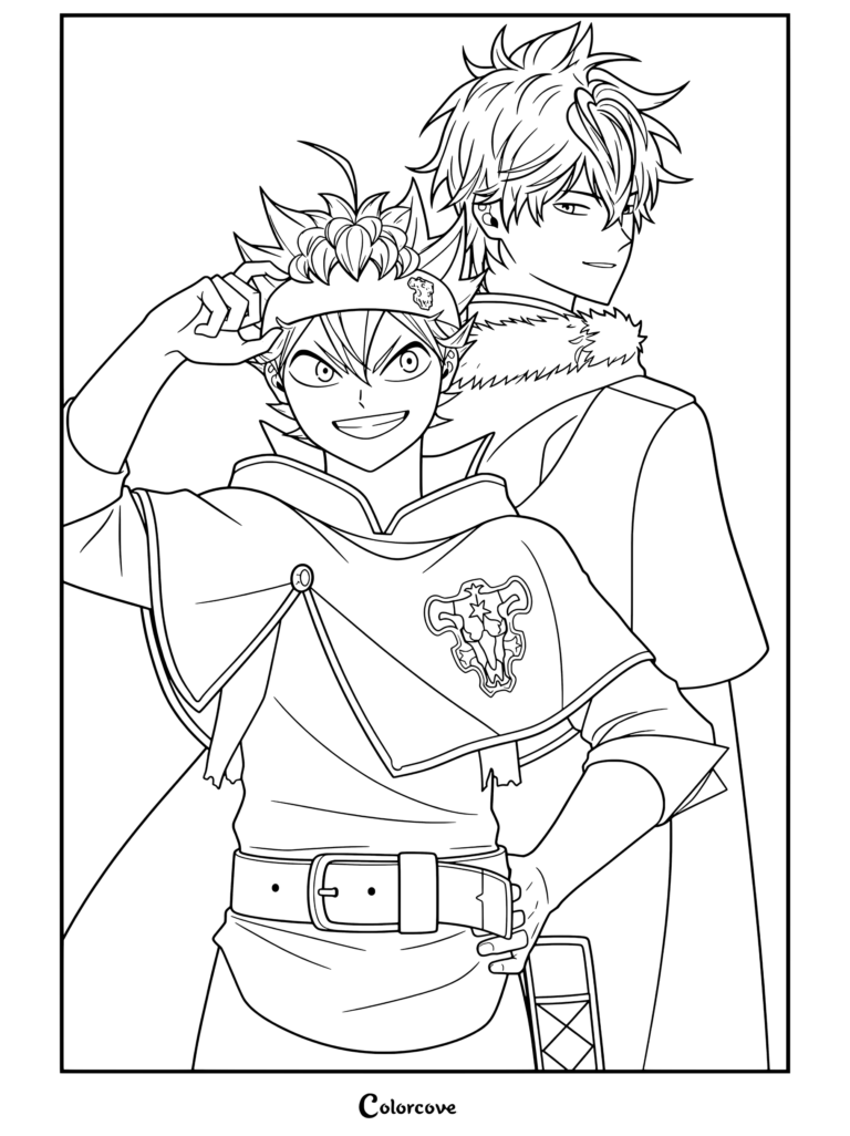 Asta y Yuno sonriendo juntos en un dibujo para colorear fan art de Black Clover