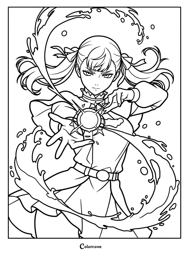 Dibujo para colorear de Black Clover con Noelle usando magia de agua en una pose dinámica.