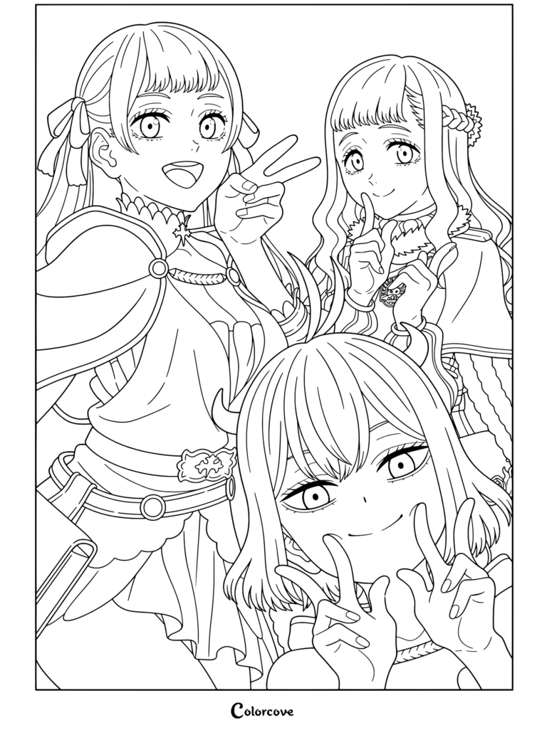 Noelle Silva, Mimosa Vermilion y Secre Swallowtail de Black Clover posando alegremente juntas en un dibujo para colorear