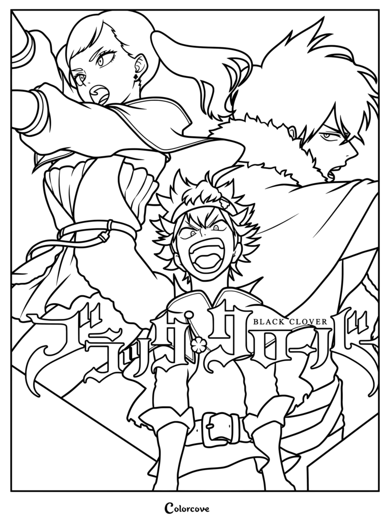 Un dibujo para colorear de Black Clover con Asta, Yuno y Noelle Silva en poses dinámicas con el logo de la serie.