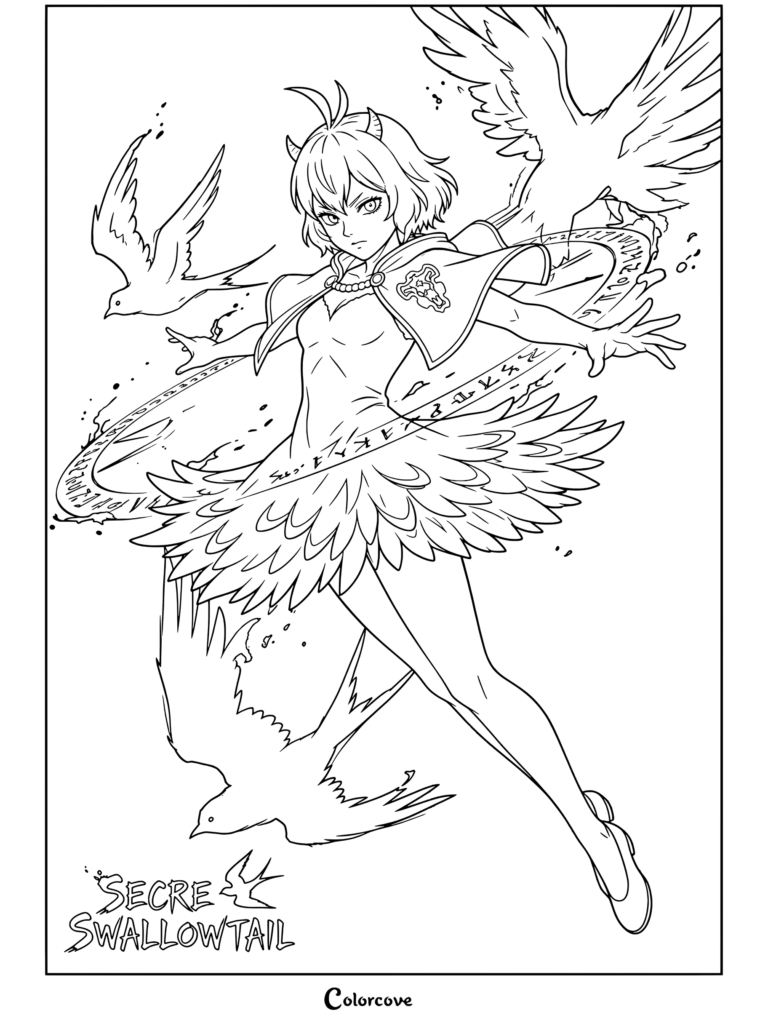 Dibujo para colorear de Secre Swallowtail de Black Clover flotando con pájaros y círculos mágicos.