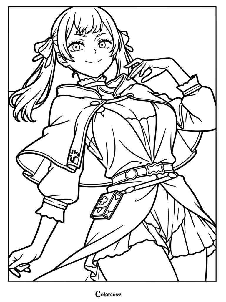 Dibujo para colorear imprimible de Black Clover que presenta un fan art de Noelle Silva con su detallado atuendo y una sonrisa confiada.