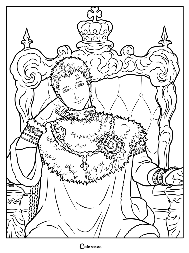 Dibujo para colorear en blanco y negro de Julius Novachrono, el 28.º Rey Mago de Black Clover, sentado majestuosamente en su trono con una corona y una túnica con ribetes de piel.