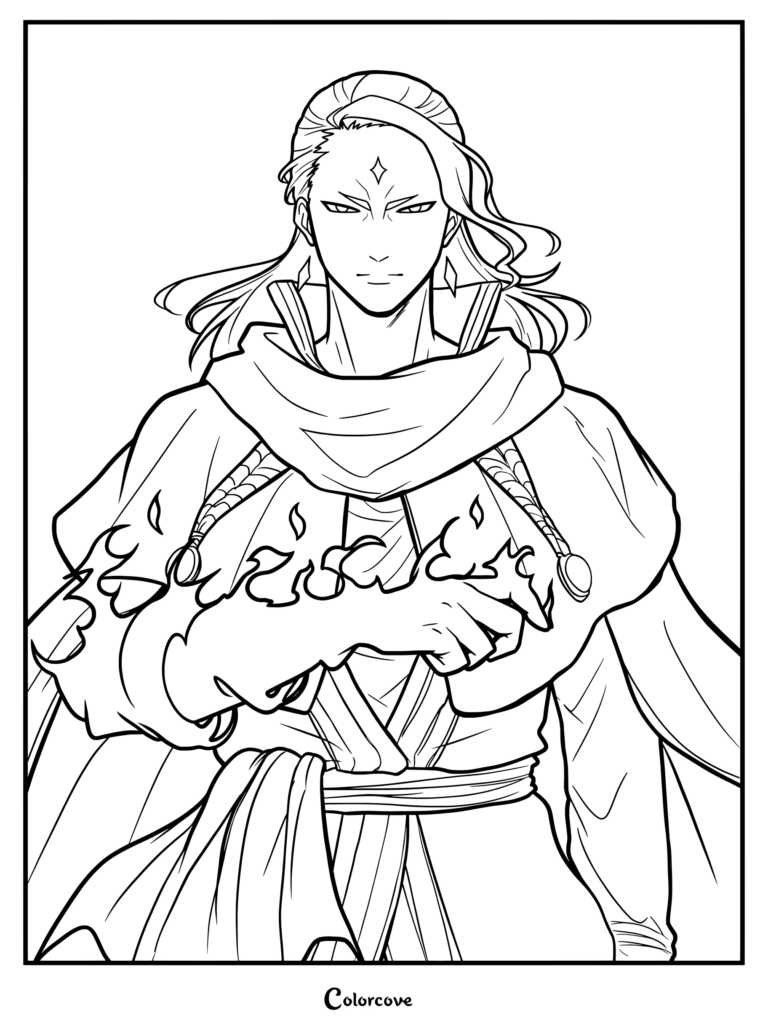 Dibujo para colorear de Fuegoleon Vermilion de Black Clover, con el capitán de los Leones Carmesí y su magia de fuego.