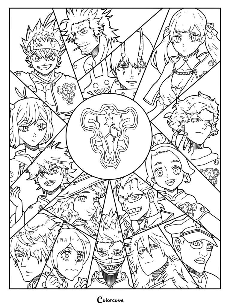 Un dibujo para colorear de Black Clover con un collage fan art de los Toros Negros, la famosa y poderosa orden de Caballeros Mágicos de la serie de anime y manga Black Clover, dispuestos en círculo alrededor de la insignia del cráneo de toro de la orden.