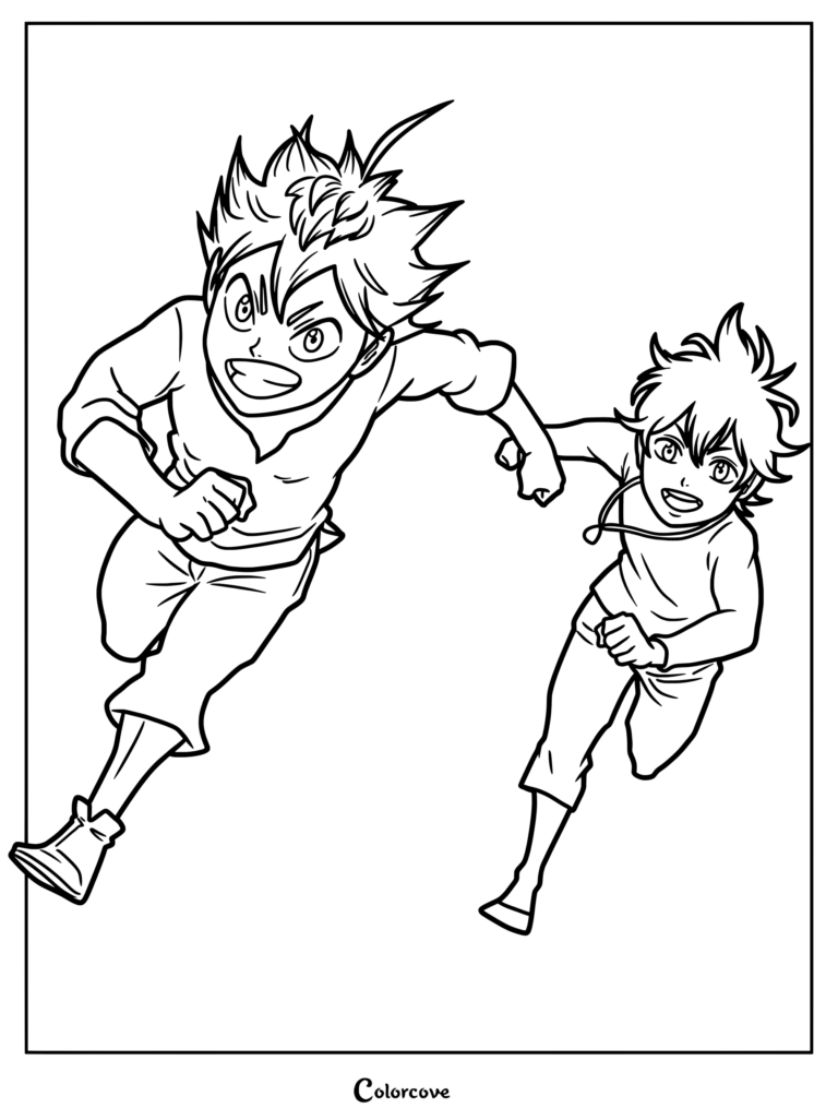 Dibujo para colorear de Black Clover con un panel fan art de Asta y Yuno Grinberryall corriendo juntos de niños.