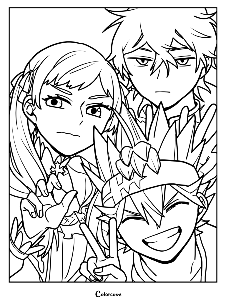 Dibujo para colorear de Black Clover con un fan art de los personajes Asta, Noelle Silva y Yuno Grinberryall.