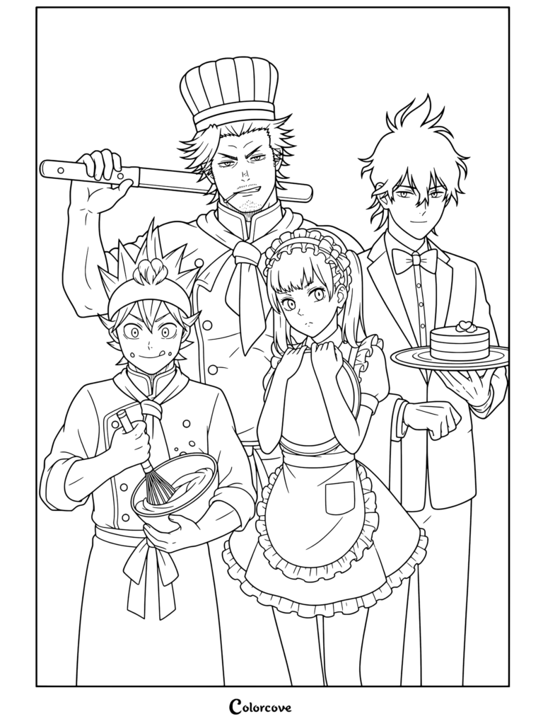 Dibujo para colorear de Black Clover con Asta, Yami, Noelle y Yuno vestidos como chefs y camareros preparando comida en una cocina