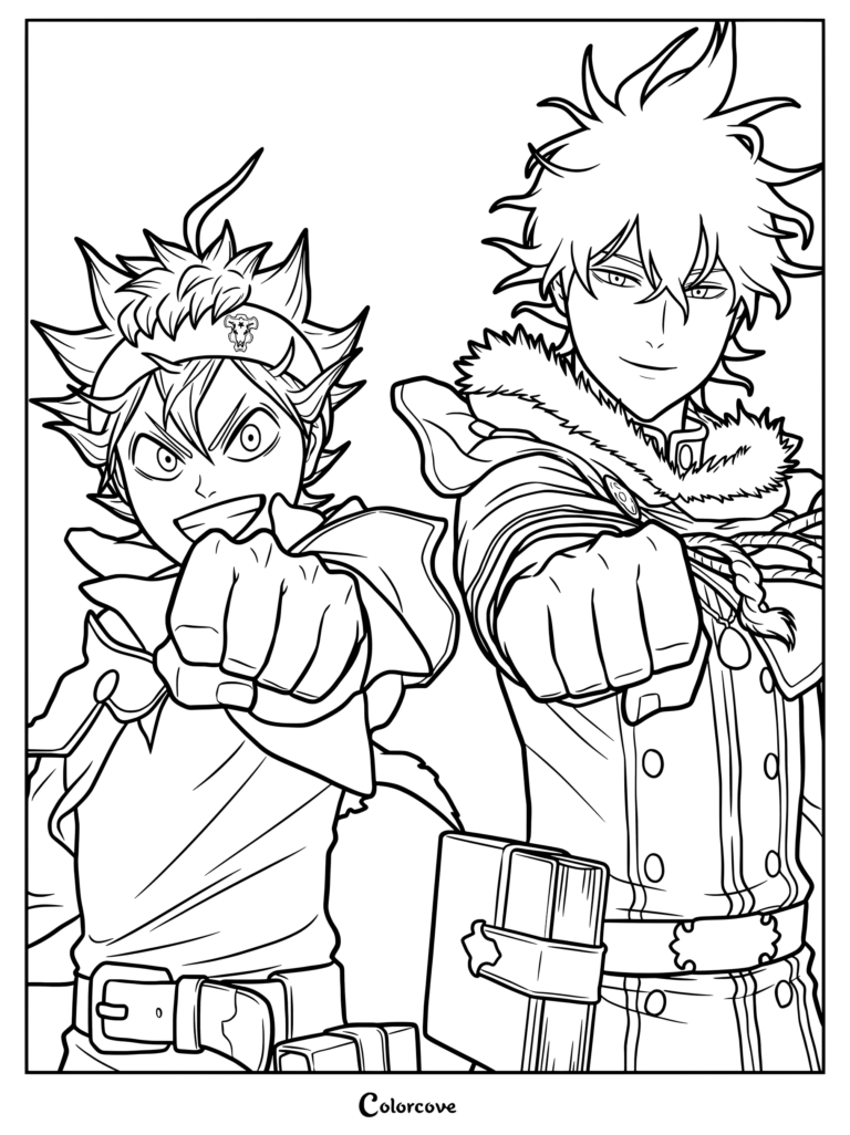 Dibujo para colorear de Black Clover con Asta y Yuno Grinberryall lanzando sus puños hacia adelante.