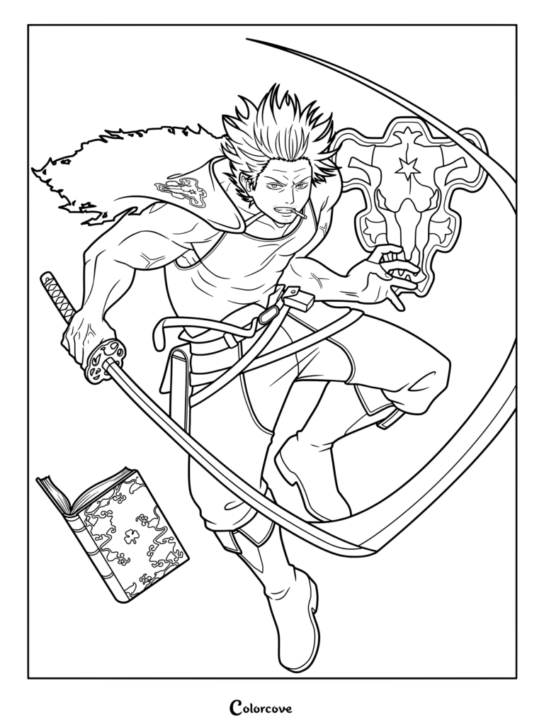 Yami Sukehiro, capitán de la orden de los Toros Negros de la serie de anime y manga Black Clover, en una dinámica pose de combate para un dibujo para colorear de Black Clover.